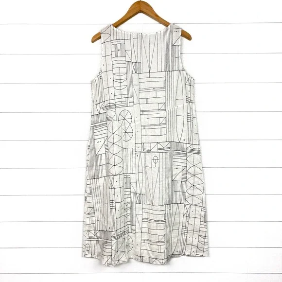 Habitat White Geometric Abstract Print Sleeveless Dress Linen Cotton Medium - Picture 2 of 6